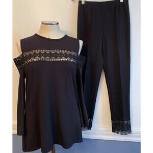 Small Yyigal Black 2 piece Soft Knit Outfit Women's Lace Trim Soft Pants Cold Sh